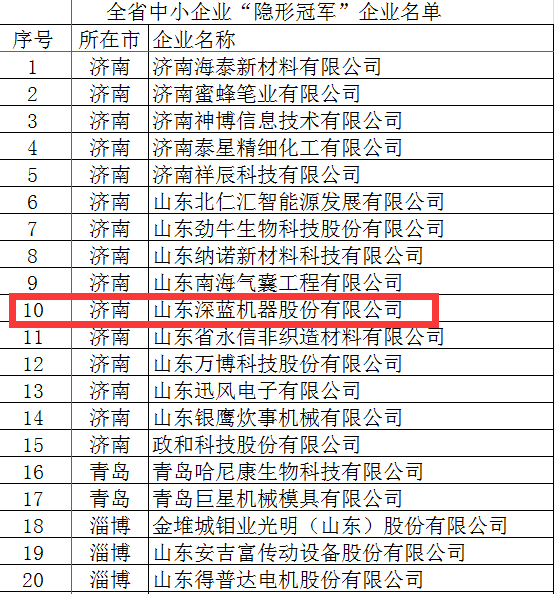 全省中小企业隐形冠军企业名单